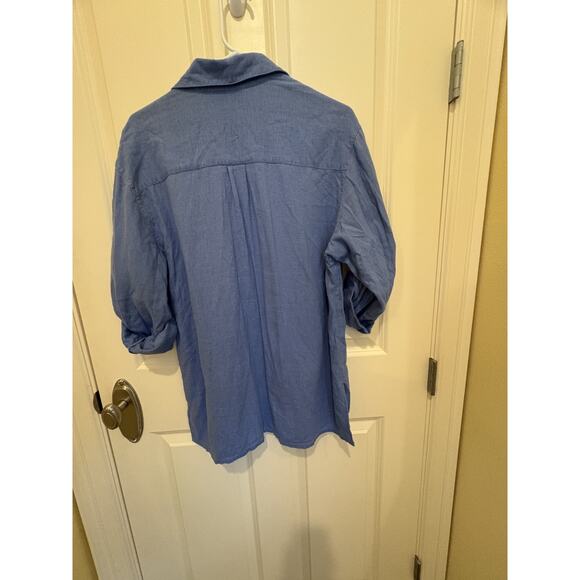 VTG Kathy Che Blue Button Up Blouse women’s 10 - Roll Tab Sleeves - Linen - Picture 4 of 4